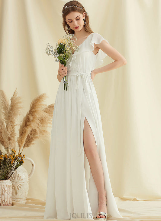 Wedding Front Wedding Dresses Floor-Length Ruffles Dress A-Line V-neck With Chiffon Split Gabrielle Cascading