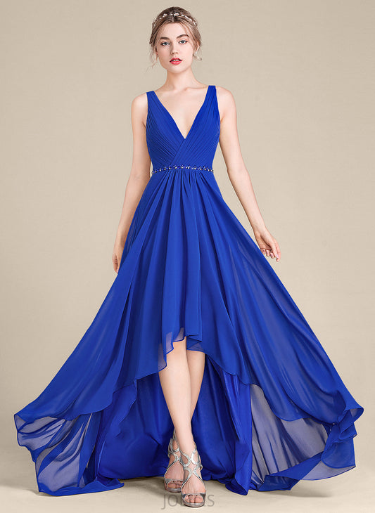 Asymmetrical A-Line With Beading Chiffon Sequins V-neck Prom Dresses Ruffle Sibyl