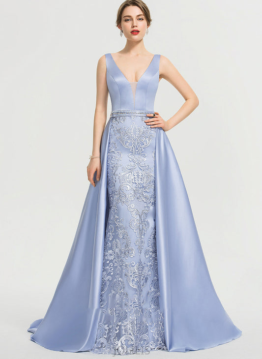 Sequins Beading Estrella With Satin Prom Dresses Sweep V-neck Ball-Gown/Princess Train