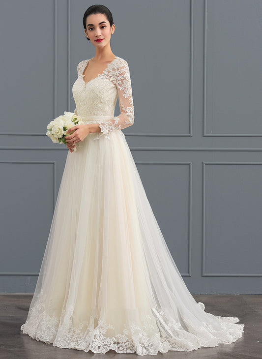 Dress Tulle Train V-neck Wedding Dresses Sweep Ball-Gown/Princess Wedding Rhoda