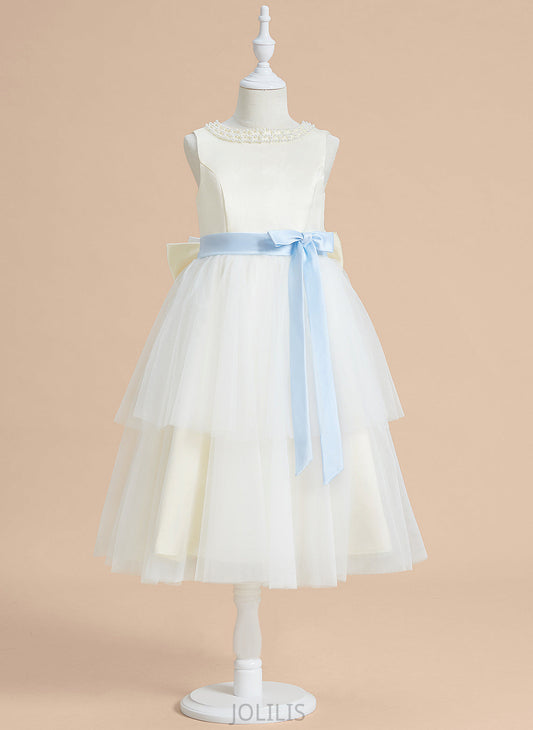 Girl Scoop Flower Girl Dresses Neck Tea-length A-Line Sleeveless Daniela Dress Flower With - Sash/Beading/Bow(s) Satin/Tulle