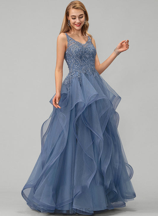 Prom Dresses Beading Tulle Lace Ball-Gown/Princess Floor-Length Sequins V-neck Madison With