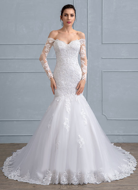 Court Wedding Tulle Wedding Dresses Off-the-Shoulder With Lace Trumpet/Mermaid Sequins Nyla Dress Beading Train