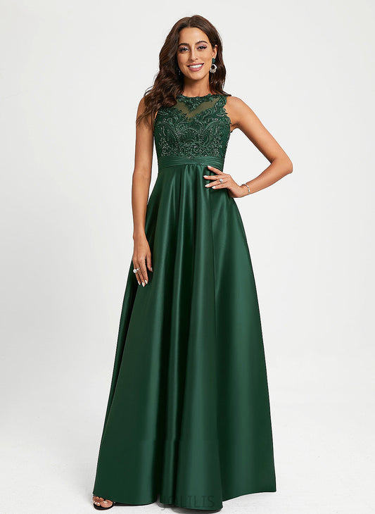 Satin Alyvia Neck Ball-Gown/Princess Lace Floor-Length Scoop Prom Dresses Sequins With