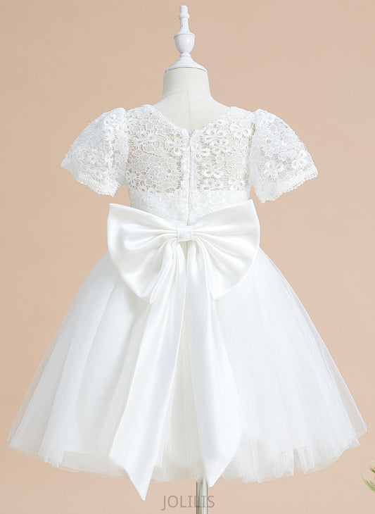 Tulle/Lace Girl Short Neck Knee-length Flower - With Sleeves Nathalia Bow(s) Scoop A-Line Flower Girl Dresses Dress