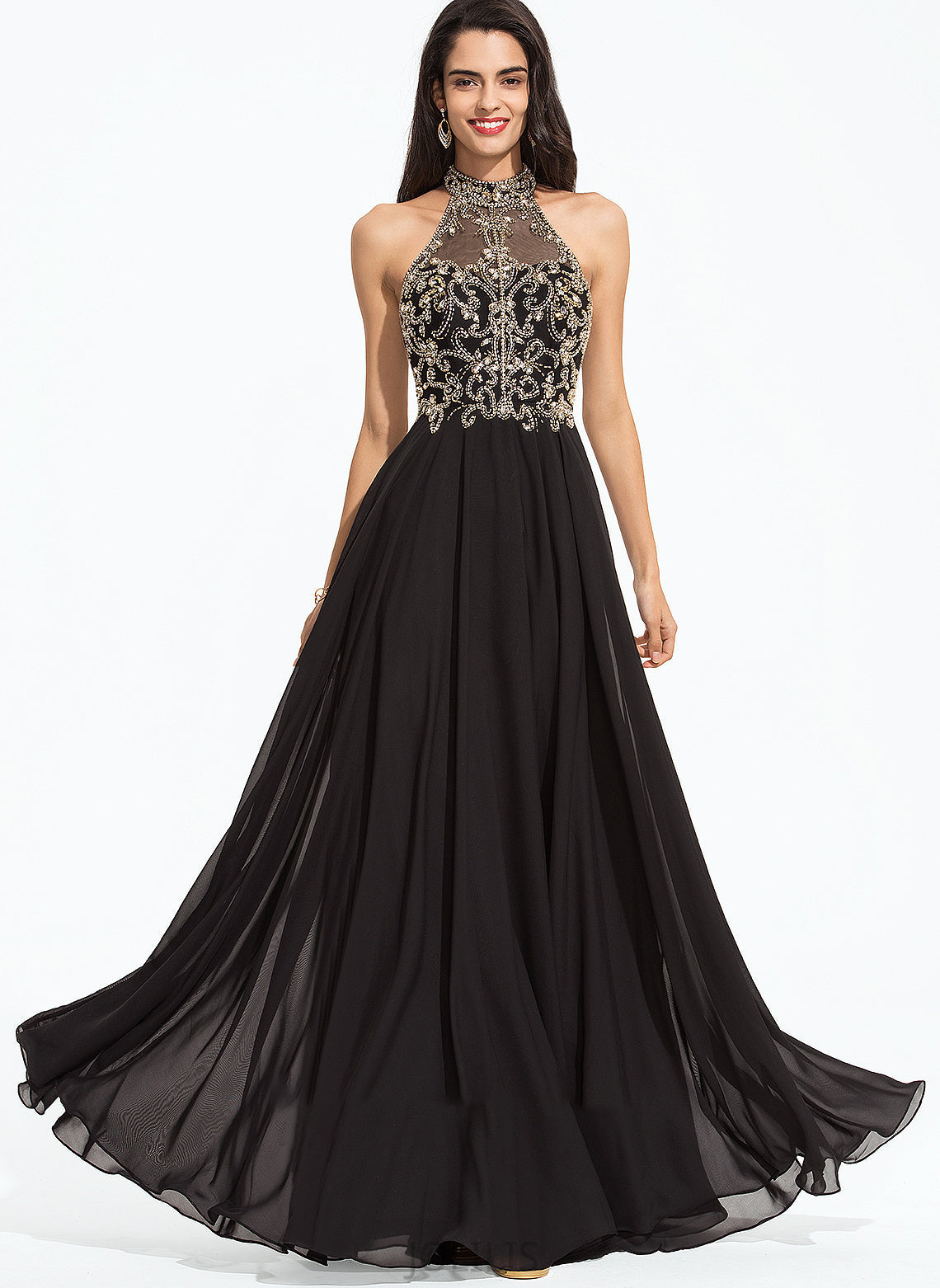 Chiffon With Beading Neck Clarissa A-Line High Floor-Length Prom Dresses Sequins