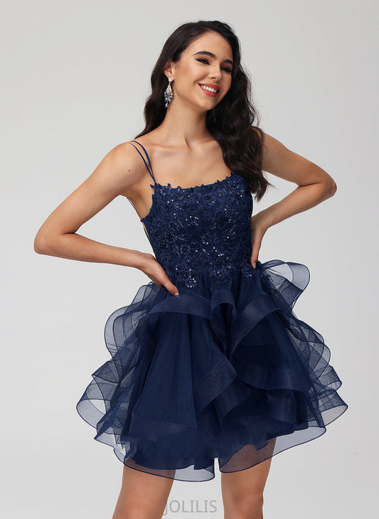 Ball-Gown/Princess Tulle Scoop Sequins Annalise Homecoming Lace Homecoming Dresses Short/Mini With Dress Neck