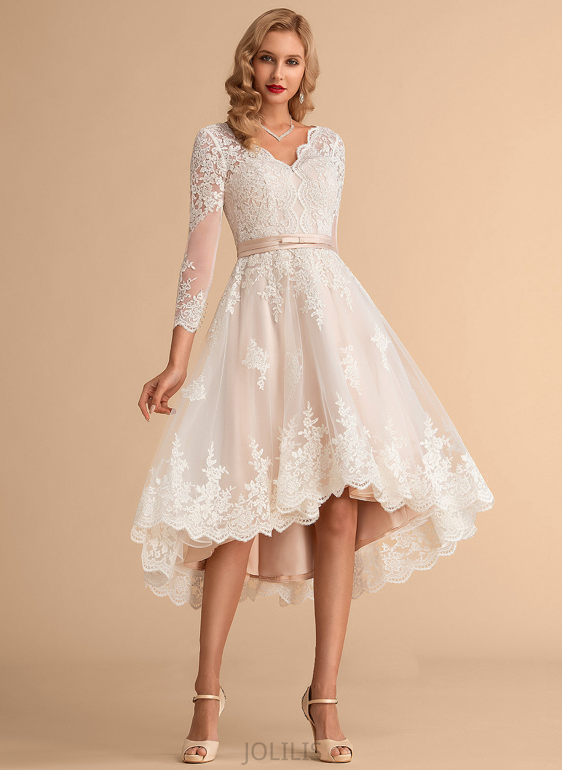 A-Line Carina Wedding Dresses Satin Lace Wedding V-neck Dress Asymmetrical Tulle