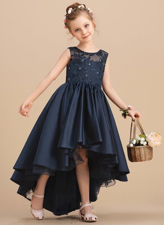 Bow(s) Flower With Girl Neck - Asymmetrical Sleeveless Satin Dress Evangeline Scoop Flower Girl Dresses Ball-Gown/Princess