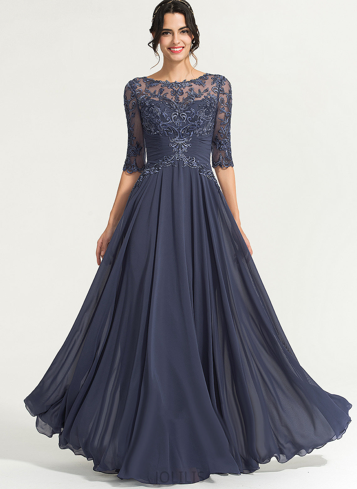 Scoop With Pleated Chiffon Lace Illusion A-Line Prom Dresses Sequins Floor-Length Genevieve