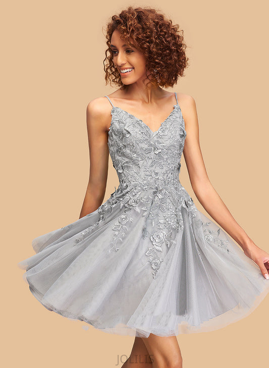 Tulle A-Line Short/Mini Homecoming Dresses Dress With Homecoming Jan V-neck Lace