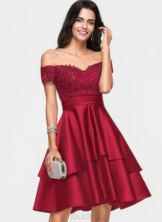 Off-the-Shoulder Abbigail Knee-Length Lace Dress Satin A-Line Homecoming Dresses With Sequins Homecoming