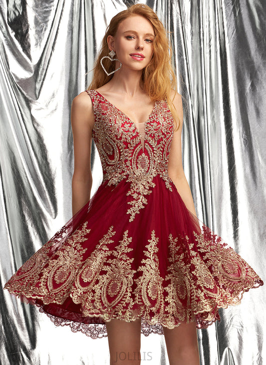 With V-neck Prom Dresses Tulle Rylie Appliques Lace Short/Mini A-Line