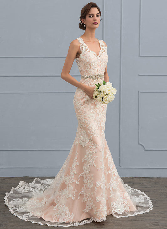 Train With Chapel Wedding Wedding Dresses Trumpet/Mermaid Martina Tulle V-neck Dress Lace Beading