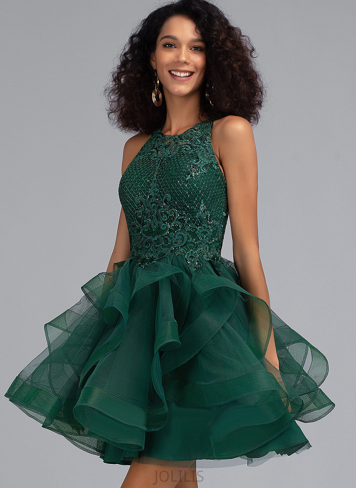 Scoop Sequins Ball-Gown/Princess With Short/Mini Lace Prom Dresses Jasmine Tulle