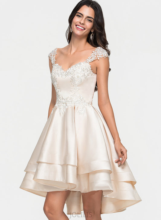 With Prom Dresses Asymmetrical Sweetheart Beading Cascading Satin A-Line Ruffles Lace Mya