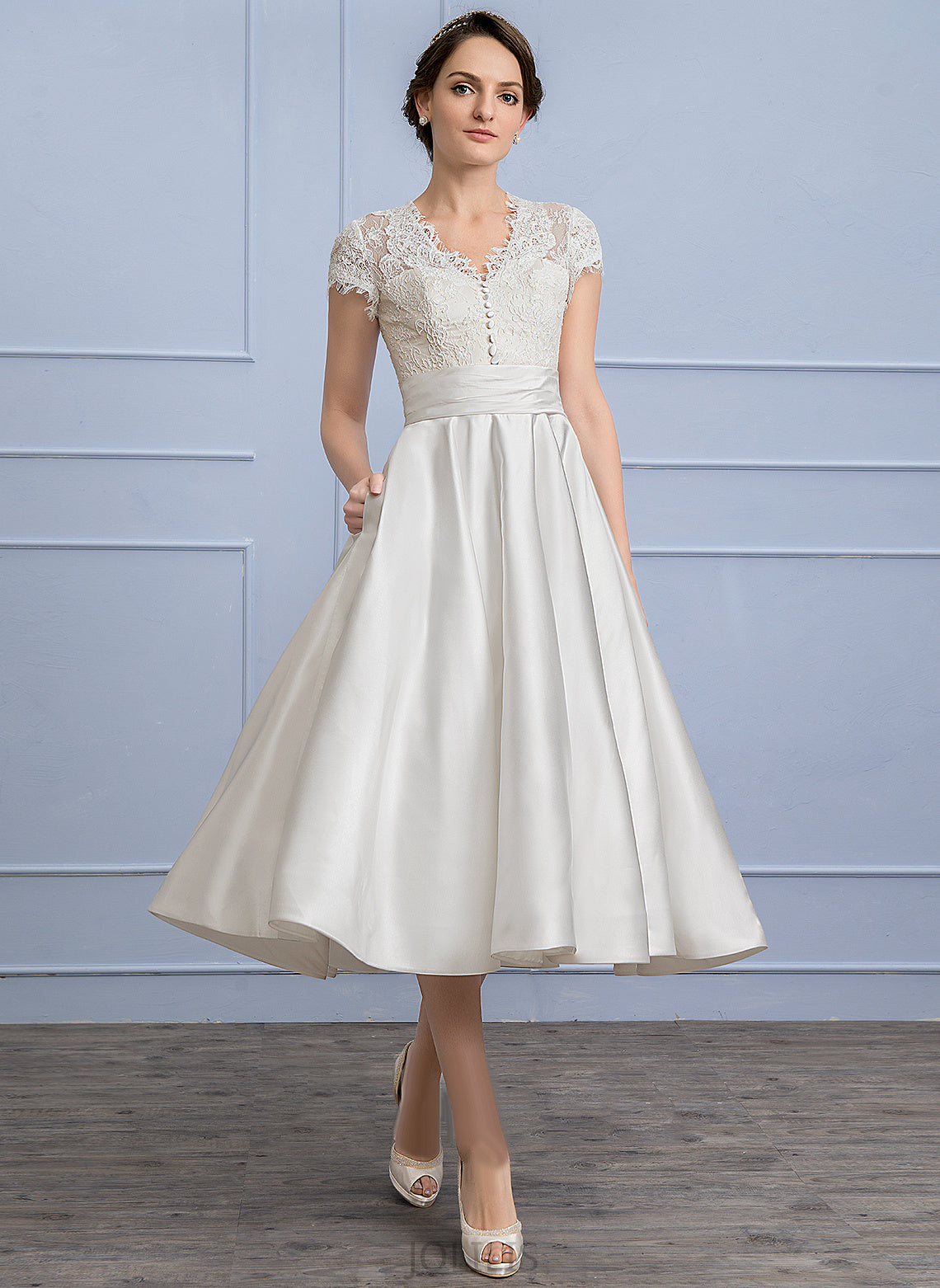 Norma With Wedding Dresses Dress A-Line V-neck Satin Pockets Ruffle Lace Tea-Length Wedding