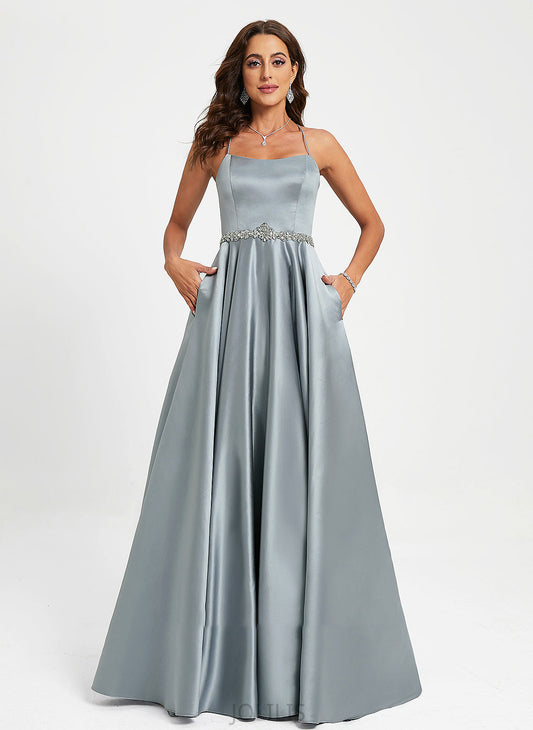 Scoop Satin Neck Beading A-Line With Prom Dresses Floor-Length Jacey