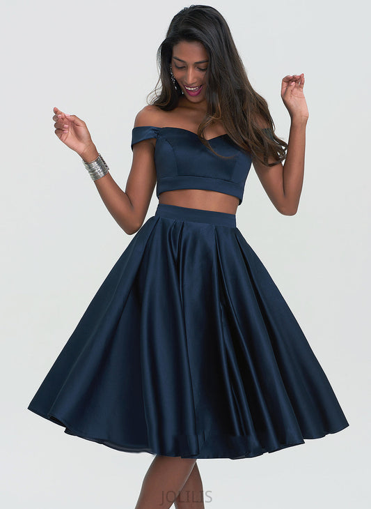 Madisyn Sweetheart Homecoming Dresses Satin A-Line Off-the-Shoulder Dress Homecoming Knee-Length