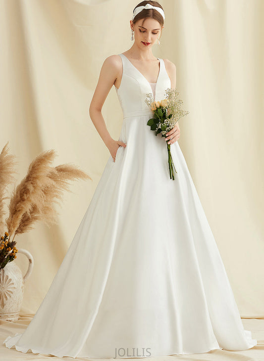 Sweep Pockets Satin Ball-Gown/Princess Train Wedding Dresses V-neck With Wedding Dress Lace Sal