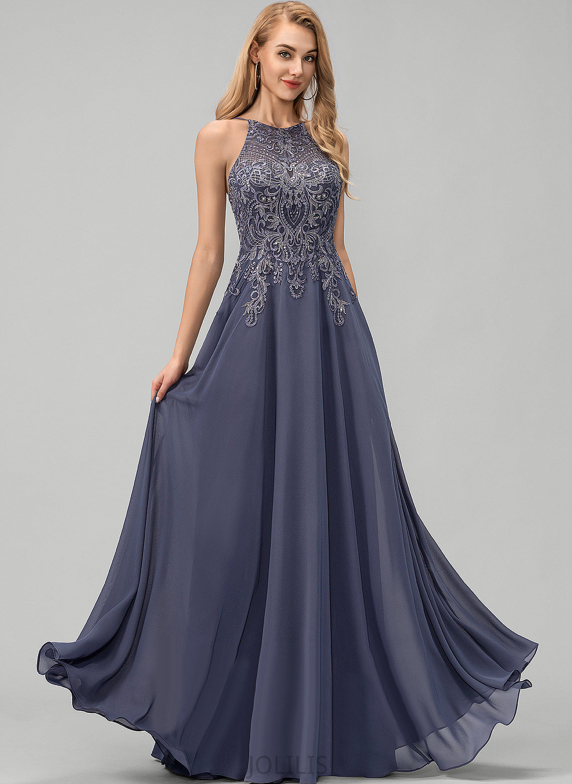 Sequins Prom Dresses A-Line Floor-Length Scoop Haylee With Chiffon Lace