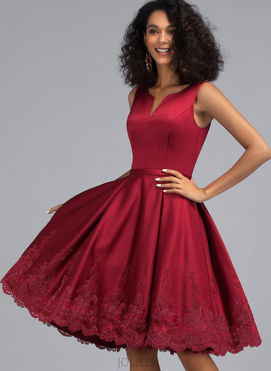 Dress Knee-Length Satin Appliques With Elisabeth A-Line V-neck Homecoming Homecoming Dresses Lace