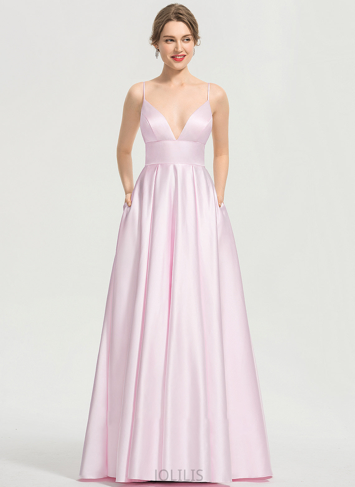 Prom Dresses With A-Line V-neck Pockets Satin Floor-Length Kitty