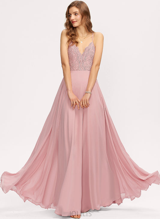 A-Line Prom Dresses Chiffon Cheyanne Floor-Length Lace V-neck