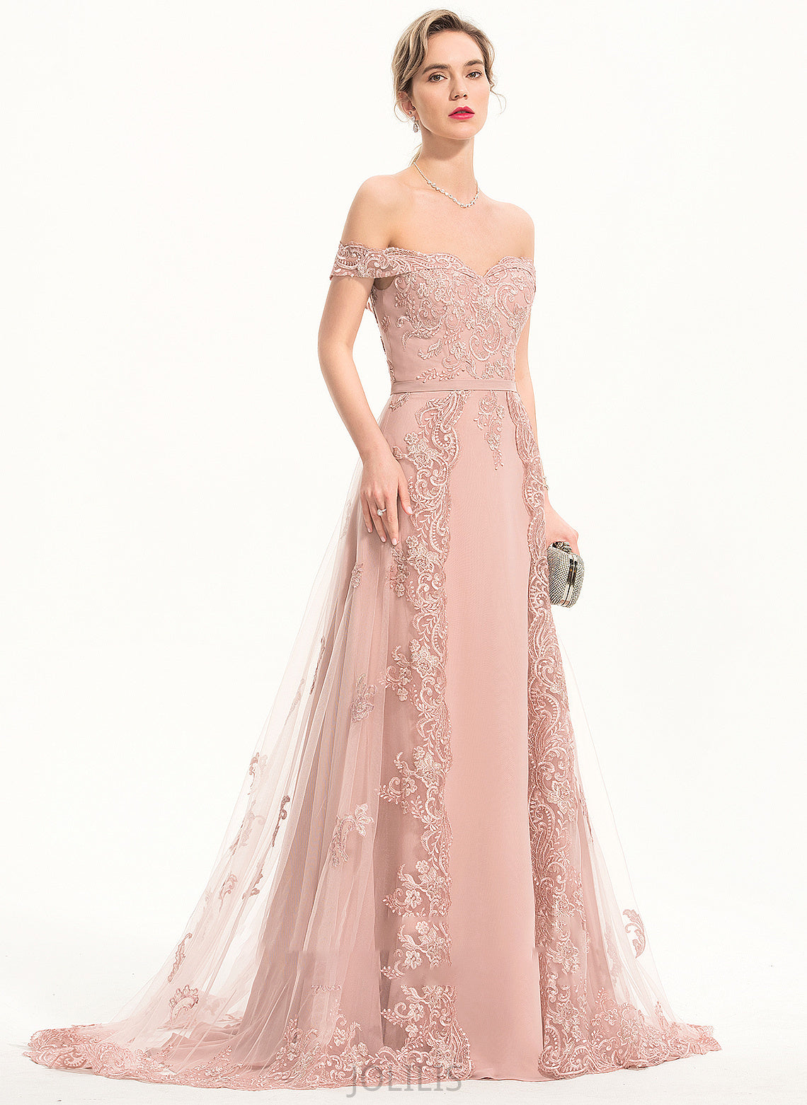 A-Line Off-the-Shoulder Briana With Sequins Train Tulle Chiffon Sweep Prom Dresses