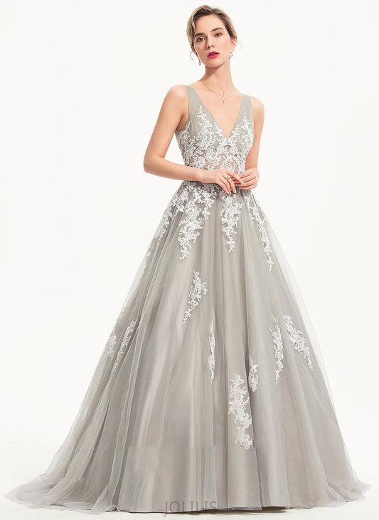 Ball-Gown/Princess Mildred Prom Dresses Train Sweep Tulle V-neck