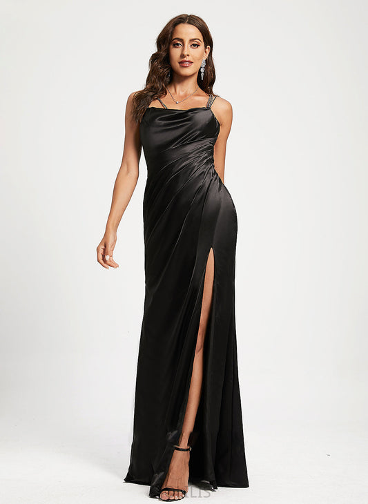 Cowl Neck With Satin Floor-Length Prom Dresses Ruffle Beading Journey Sheath/Column