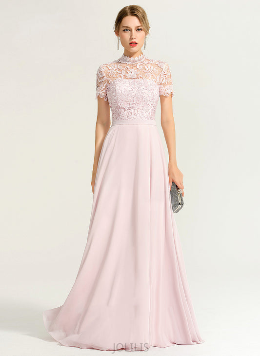 Lace High With Nia Chiffon Floor-Length Prom Dresses A-Line Neck Sequins