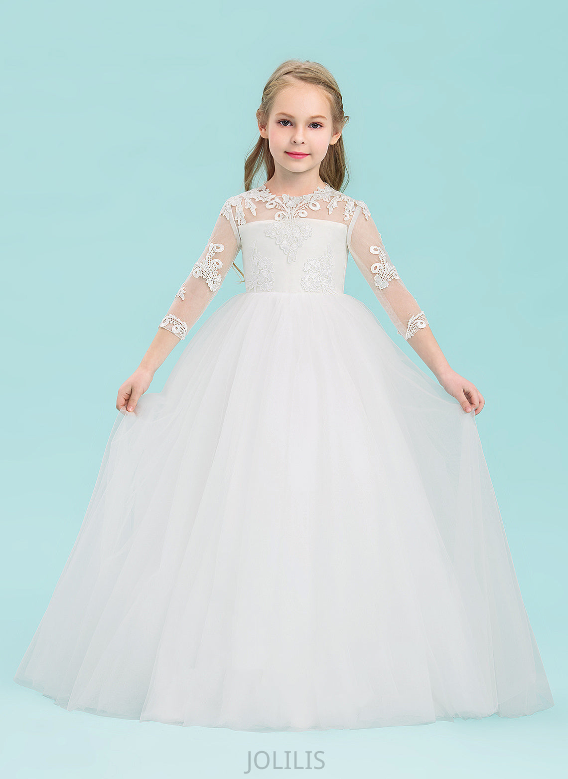 Neck - Flower Girl Scoop 3/4 Tulle Ball-Gown/Princess Ashlynn Dress Floor-length Sleeves Flower Girl Dresses