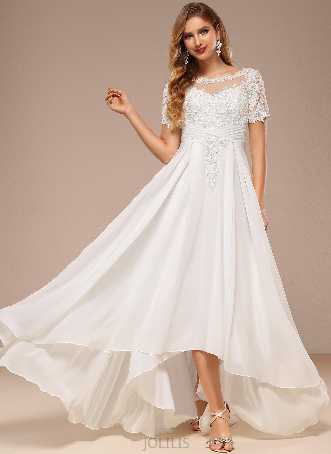 Wedding Dresses Lilly Wedding A-Line Neck Chiffon Dress Asymmetrical Lace Boat