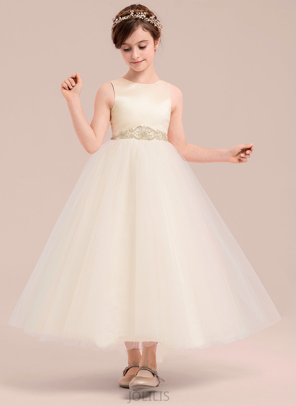 '- Mandy Scoop Beading Satin/Tulle Ankle-length With Girl Flower Girl Dresses Dress Sleeveless Flower A-Line Neck