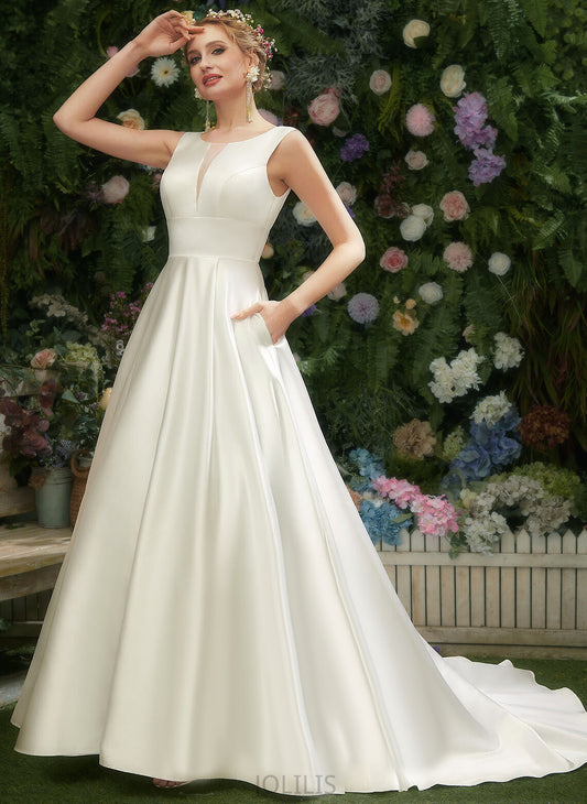 Neck Wedding Dresses Scoop Dress Train Court Satin Aliza A-Line Wedding