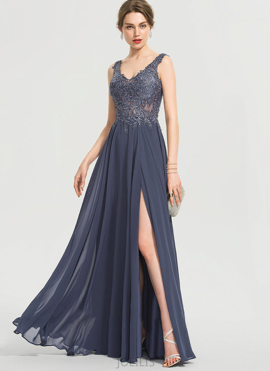 Sequins Beading V-neck With Front Prom Dresses A-Line Floor-Length Chiffon Split Rosalyn