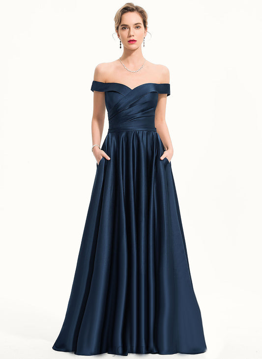 Pleated Off-the-Shoulder Satin Kaliyah Ball-Gown/Princess Sweep Train Prom Dresses With