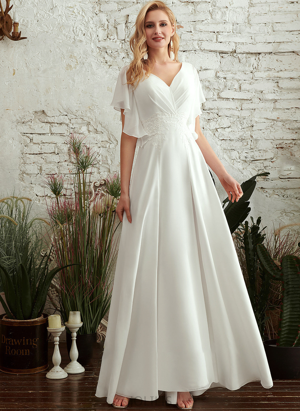 Split Lace Floor-Length Dress With Wedding Dresses Wedding A-Line Kara Front V-neck