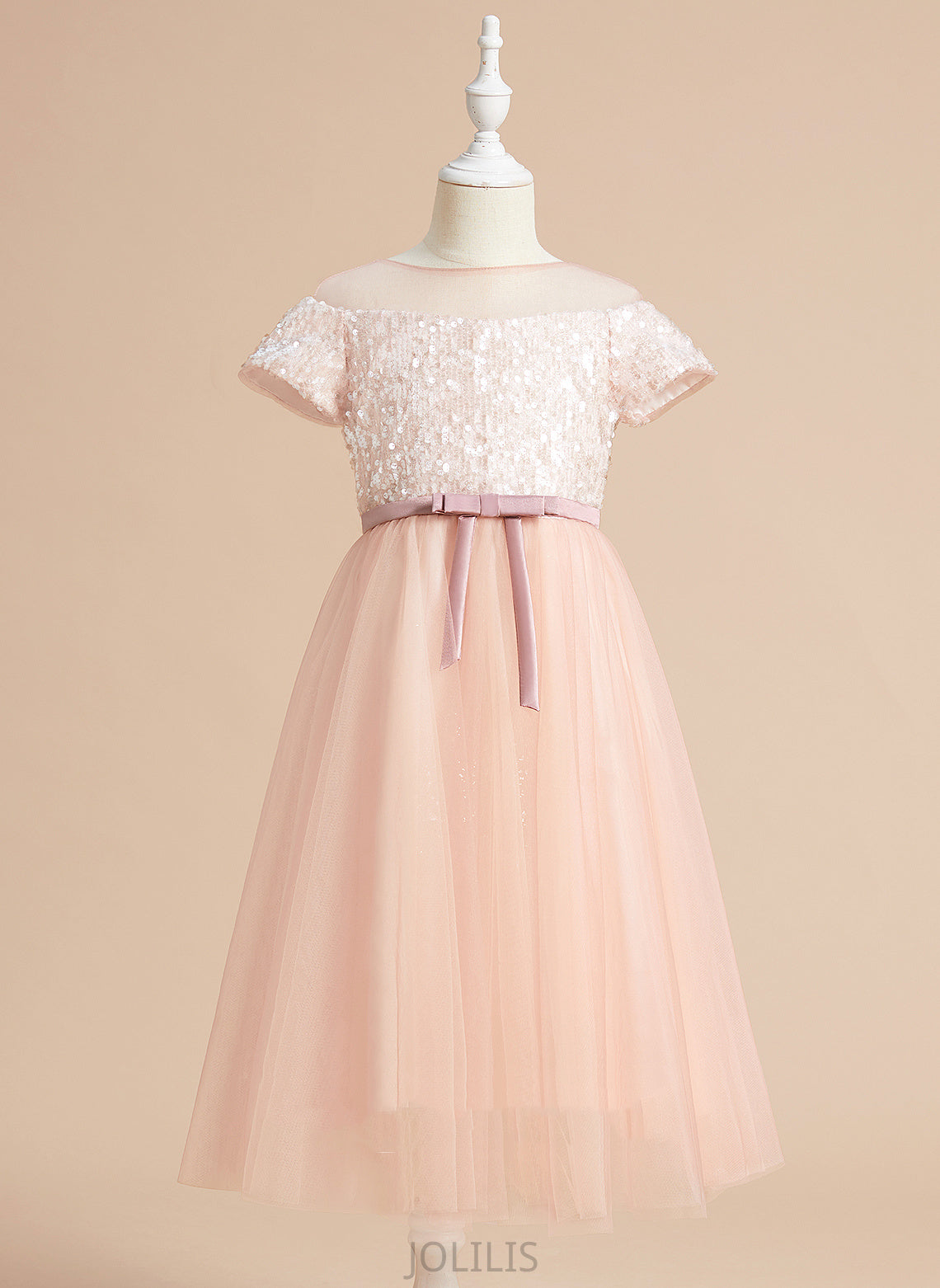 Scoop - Girl Tea-length A-Line Sash/Bow(s) Dress Flower Girl Dresses Neck Naomi Tulle Short Flower With Sleeves