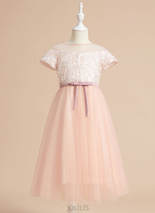 Scoop - Girl Tea-length A-Line Sash/Bow(s) Dress Flower Girl Dresses Neck Naomi Tulle Short Flower With Sleeves