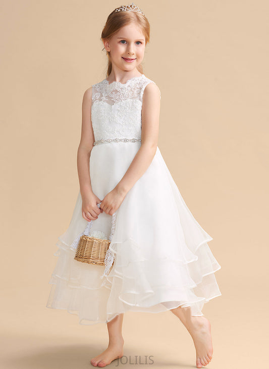 Essence Tea-length Flower Girl Dresses Sleeveless Neck With A-Line - Scoop Dress Flower Organza/Lace Beading/Rhinestone Girl