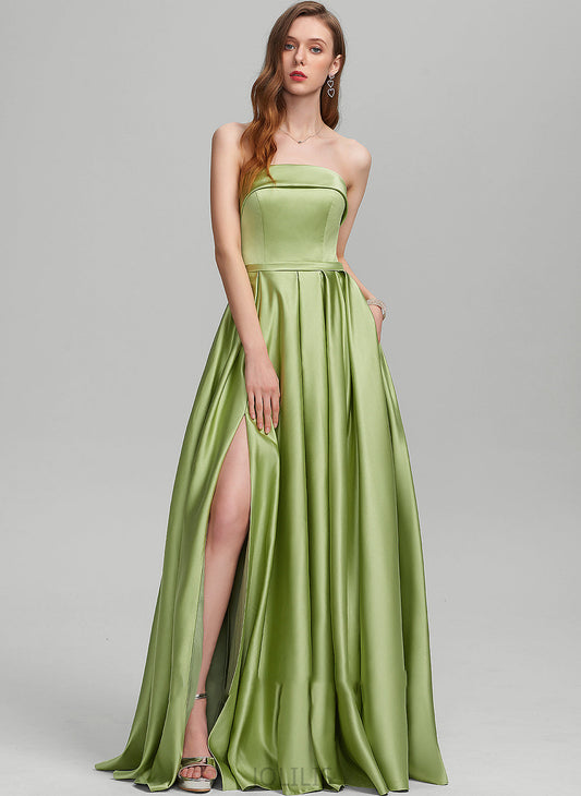 Danielle Strapless Satin With Prom Dresses Pockets Front Floor-Length Ball-Gown/Princess Split