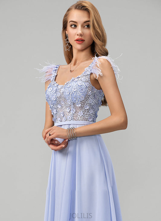 Chiffon V-neck Feather With Beading A-Line Lace Sequins Flower(s) Floor-Length Prom Dresses Jade