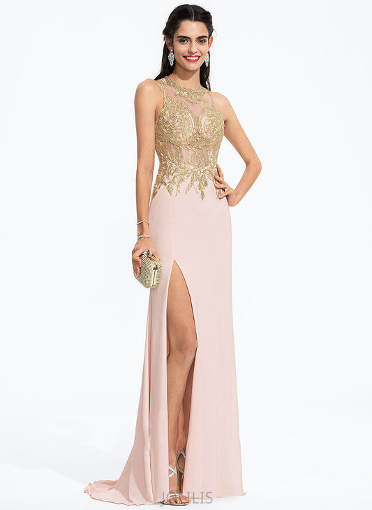 Jersey Scoop Prom Dresses Train Lace Elva Sequins Sweep Neck Sheath/Column With