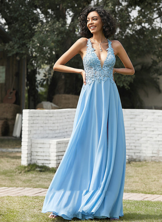 Floor-Length V-neck A-Line Alaina Lace Chiffon Prom Dresses