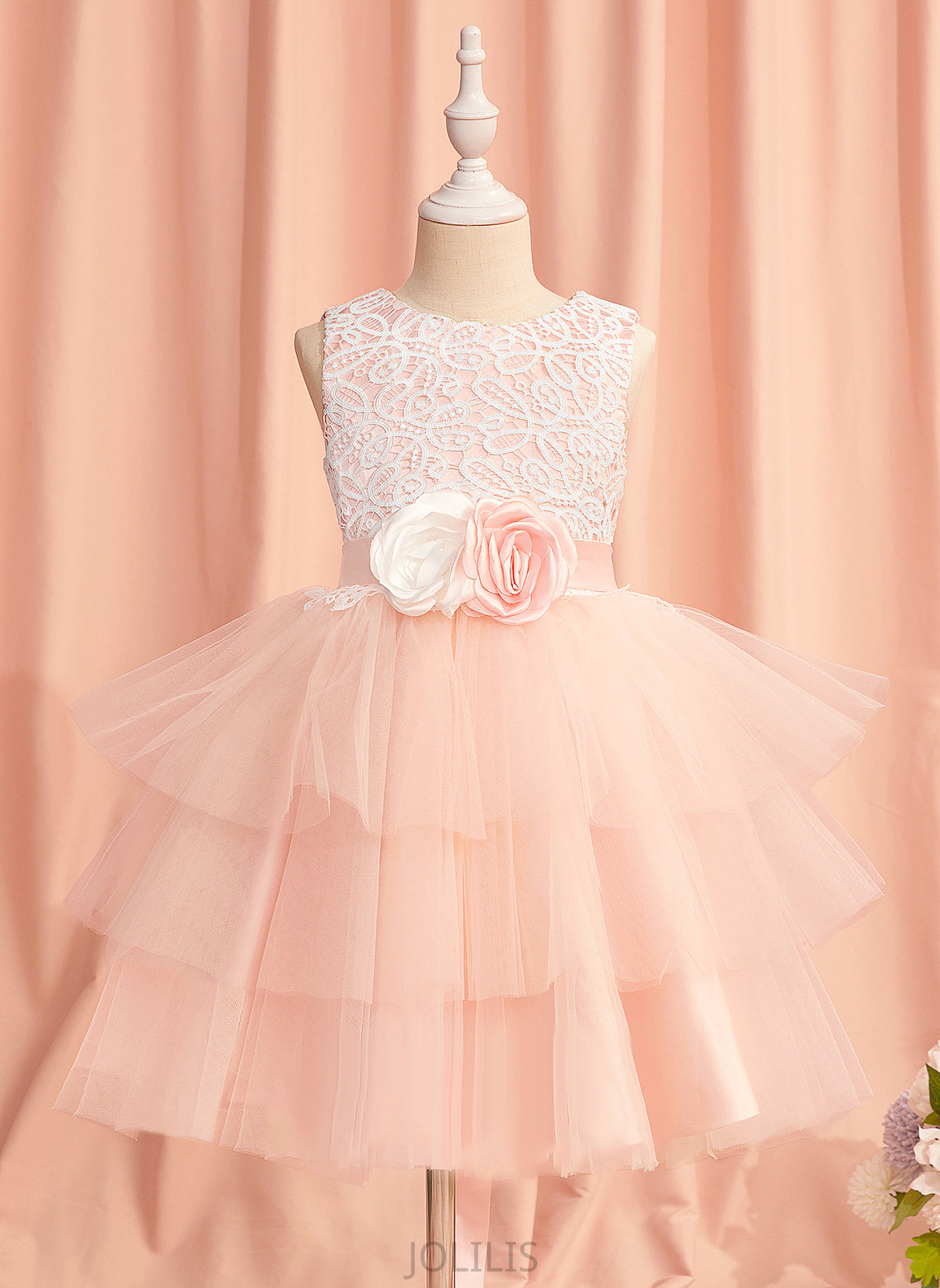 '- Scoop Satin/Tulle Lace/Flower(s)/Back With Dress Girl Flower Hole Undine Flower Girl Dresses Knee-length Sleeveless Ball-Gown/Princess Neck