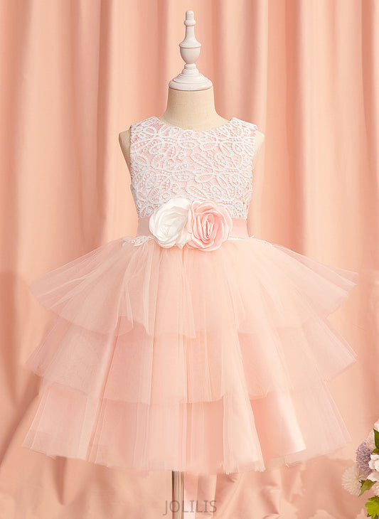 '- Scoop Satin/Tulle Lace/Flower(s)/Back With Dress Girl Flower Hole Undine Flower Girl Dresses Knee-length Sleeveless Ball-Gown/Princess Neck