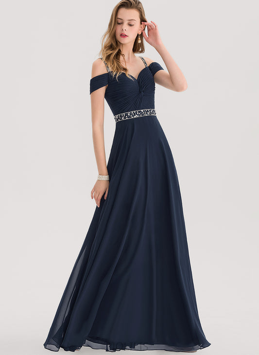 Pleated Beading Sequins Prom Dresses Chiffon Shoulder Cold V-neck With A-Line Floor-Length Tiana