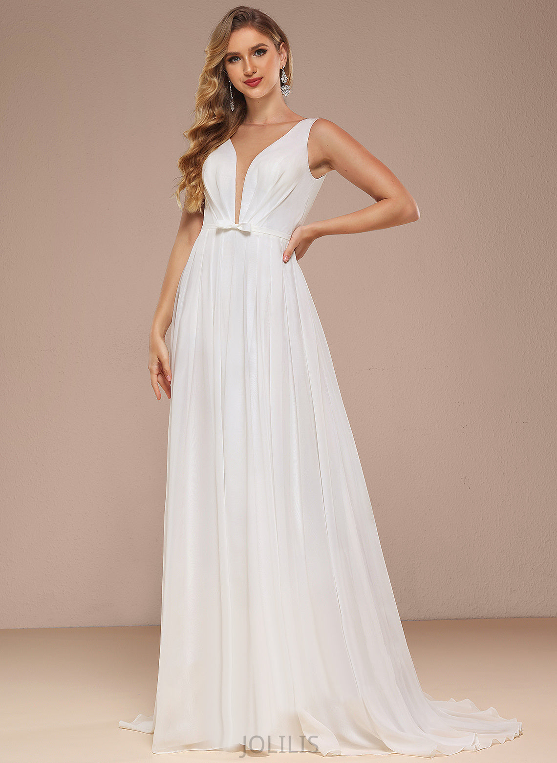 Lainey Train Dress V-neck Bow(s) With Sweep Wedding A-Line Chiffon Wedding Dresses